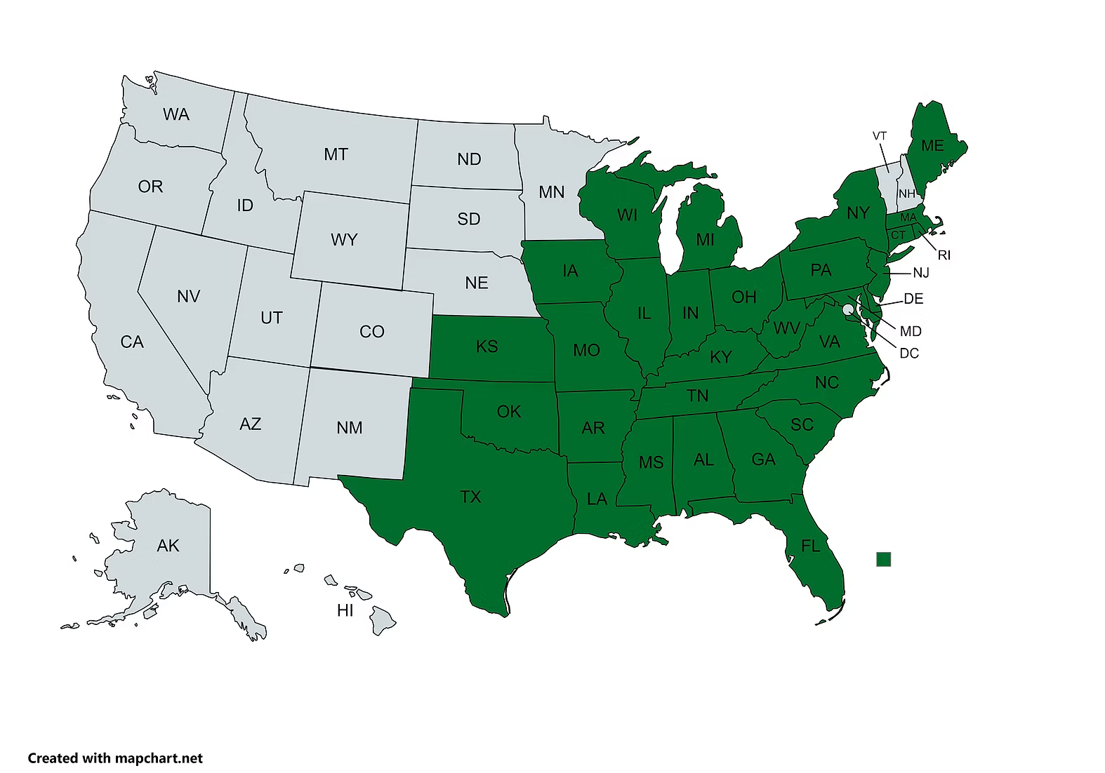 Native range map of Camponotus castaneus - Ruby Chestnut Carpenter Ant distribution across eastern and central US